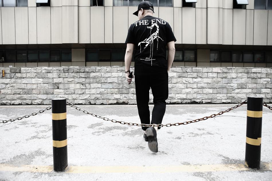 man jumping in the street
