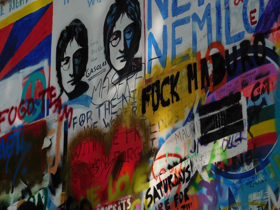 colorful wall of memory of John Lenon in Prague