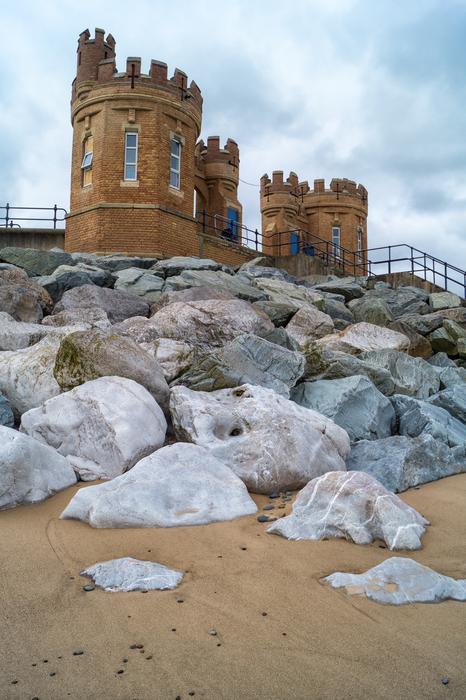 A large castle with stones