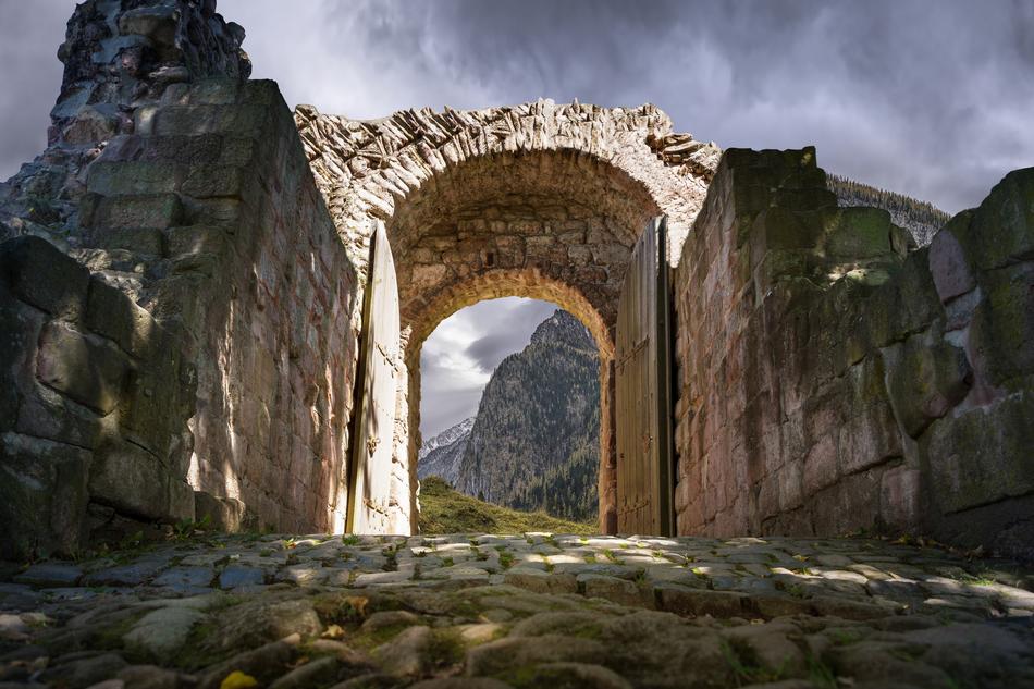 arch in the moss with clouds