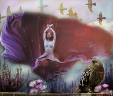 Beautiful girl, posing among the birds and colorful plants, on the landscape, on clipart