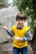 Smiling boy, with the umbrella, walking on the path, near the green trees