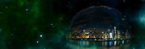 Coast of the city with colorful lights, at the night, in the bubble, at colorful background with the universe, clipart