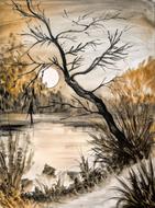 tree by the lake drawing