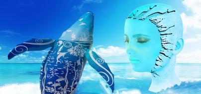 beautiful art girl with blue whale