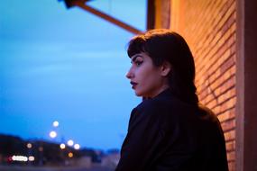 brunette with makeup on a brick wall background in the evening