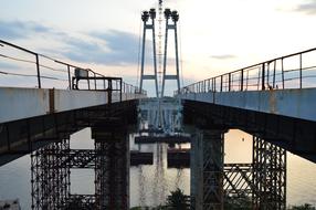 View with bridges above the river, under the colorful sky with clouds