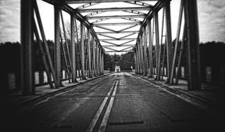 Black and white photo of the bridge near the shore with trees, under the sky with clouds