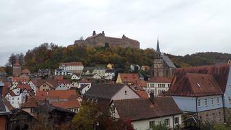 Beautiful landscape of the colorful buildings, castle and plants in Kulmbach, Germany, under the sky with clouds