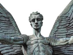 Winged Man, bronze sculpture, detail