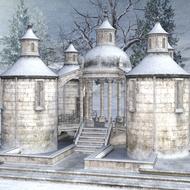 3d model of the architecture in snow, near the trees, in the winter, clipart