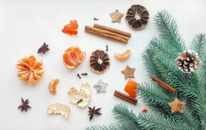 Close-up of the colorful and beautiful Christmas decorations and green fir tree branches