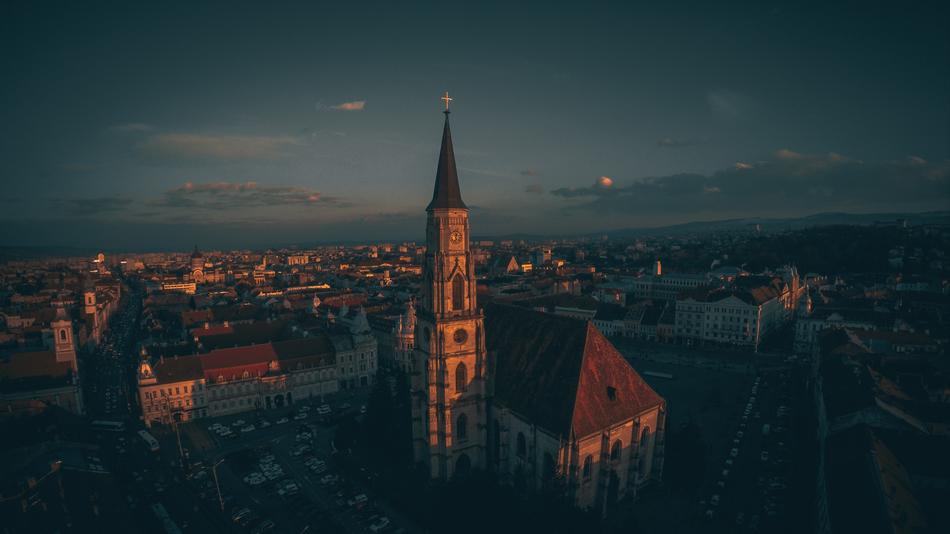 Architecture Buildings in town at sunset