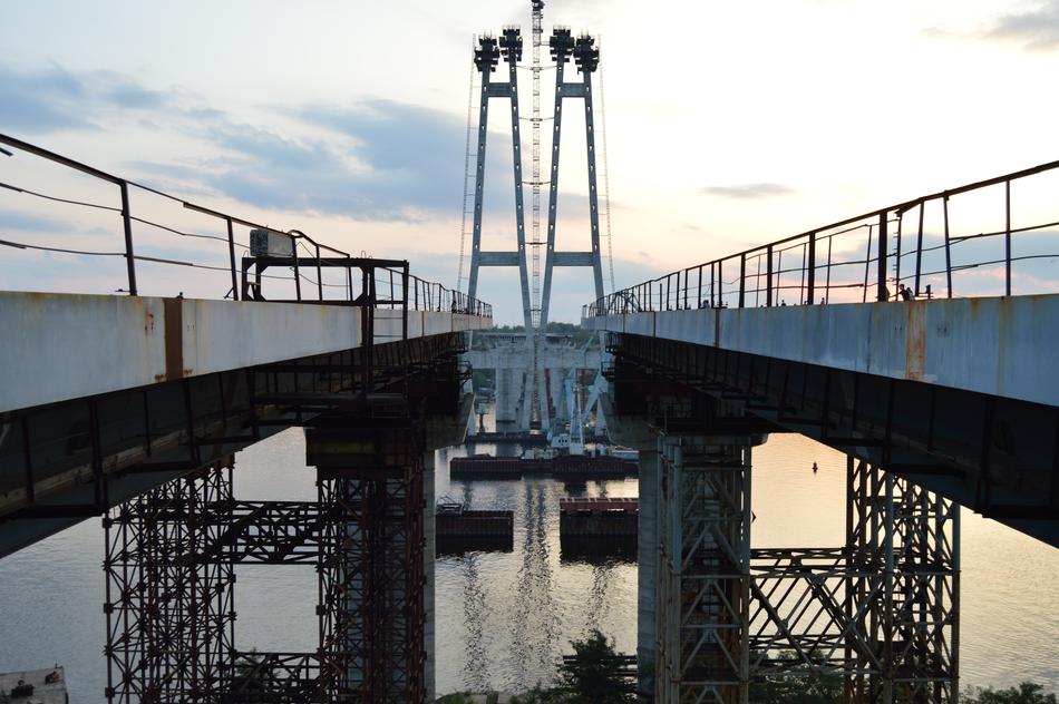 View with bridges above the river, under the colorful sky with clouds