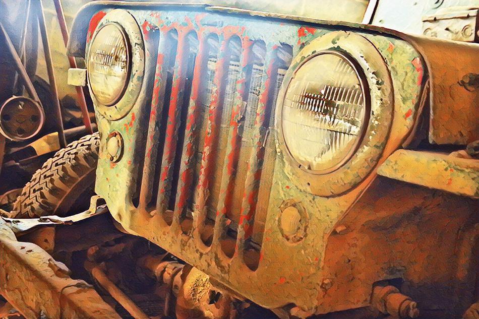 an old car with headlights