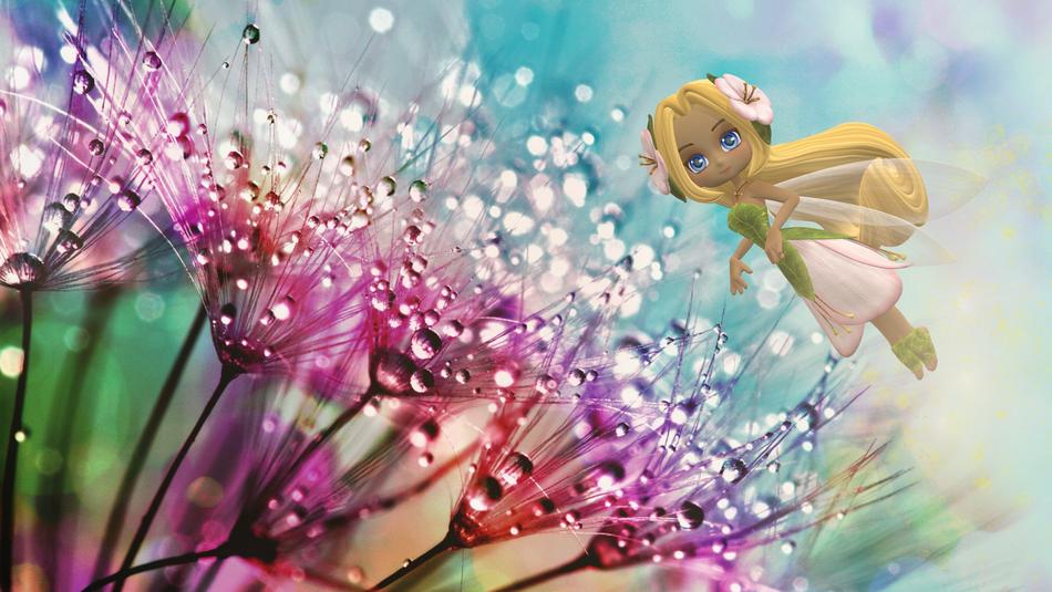 fairy doll in raindrops flowers