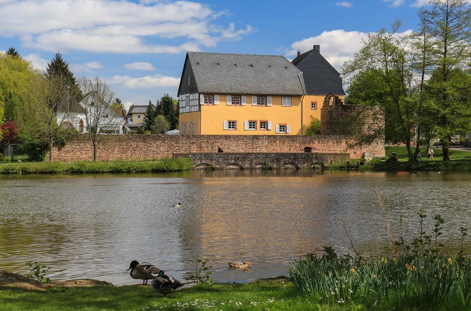 old traditional house near Pond at summer