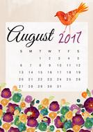 august calendar 2017 floral bird