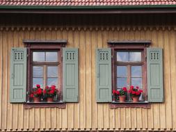 Windows of the house with shutters and beautiful, red flowers in pots