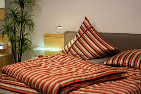 striped bedding in the bedroom