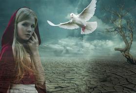 clipart of Cloudy sky and Girl and white bird
