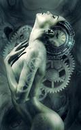woman with the clock and gears, in the black and white colors, clipart