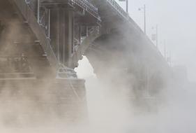 Steel architecture with details, in fog