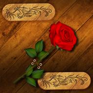 Red flower with green leaves, among the tags with patterns, at wooden background, clipart