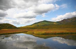 mountain with lake landscape and clouds