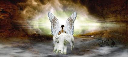 angel hovering in the rocks
