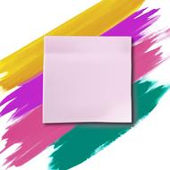 Pink post it paper at background with colorful paint shapes, clipart