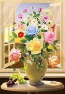 a pot of flowers by the window