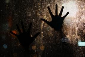 horror, silhouettes of hands through the glass of the aquarium