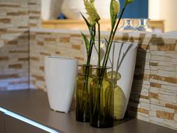 decor, white vases and plants in glass bottles