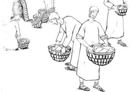 men with big baskets, vintage drawing