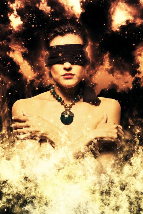 Portrait of the woman, with the bandage on the eyes and accessories, among the clouds, clipart