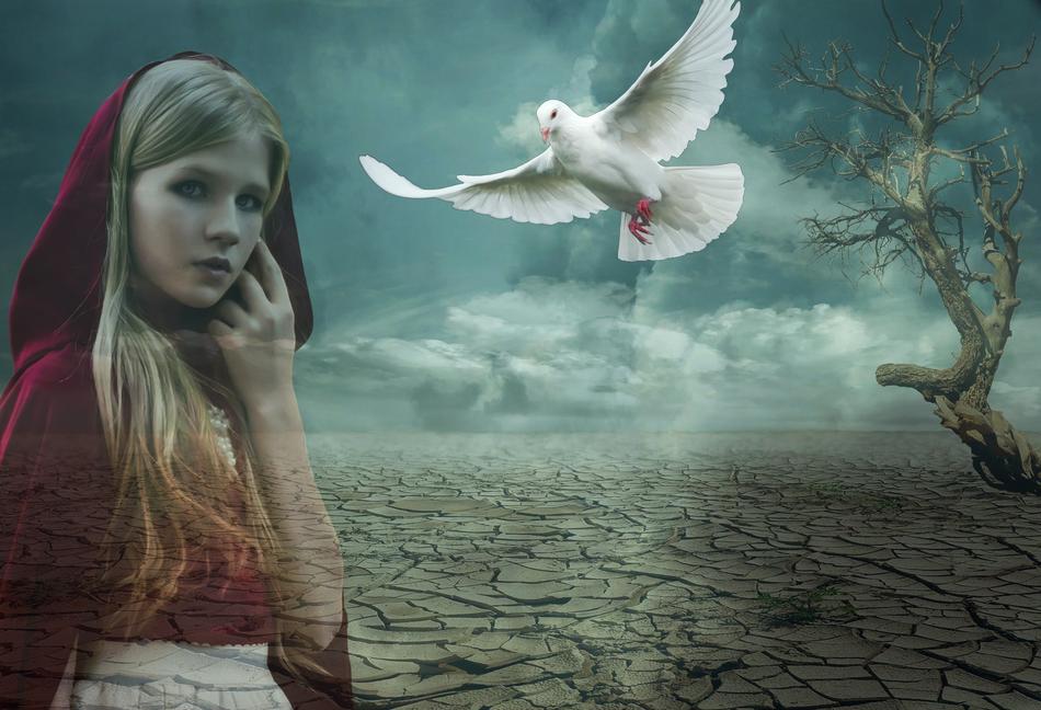 clipart of Cloudy sky and Girl and white bird