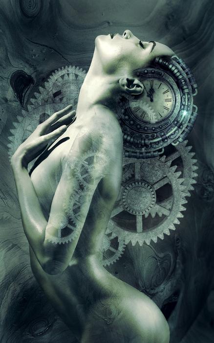 woman with the clock and gears, in the black and white colors, clipart