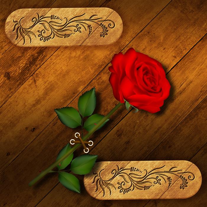 Red flower with green leaves, among the tags with patterns, at wooden background, clipart