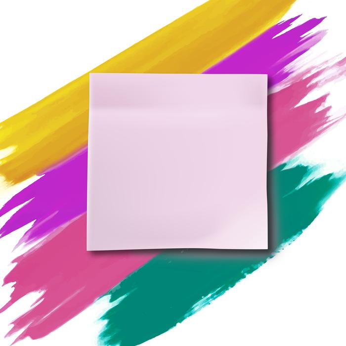 Pink post it paper at background with colorful paint shapes, clipart