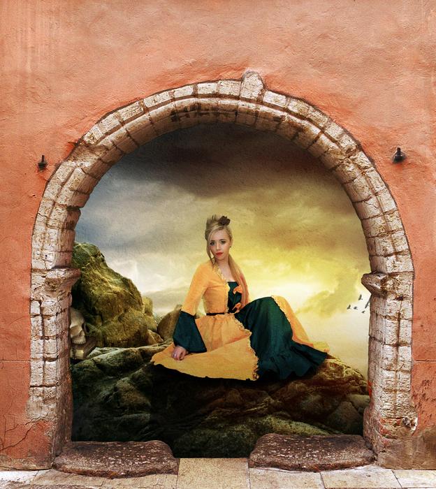 Beautiful and colorful illustration with the woman in dress, on the hills, in the arch