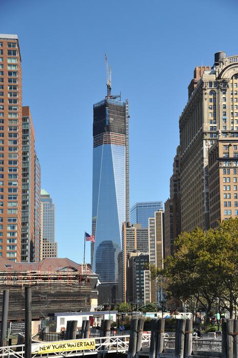 Cityscape with skyscrapers, under the blue sky