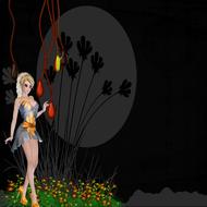 Model of the beautiful girl, among the colorful plants with the flowers, in Moonlight, clipart