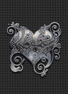 Shiny, metal heart sign with patterns, at black background, clipart