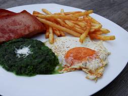Fried egg with spinach and potatoes