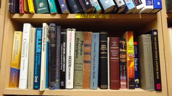 Colorful books on the wooden shelves