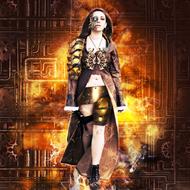 Steampunk girl in long coat, walking, at the colorful background with the gears and light, clipart