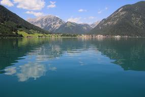 beautiful water surface against a mountain backdrop