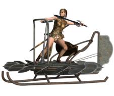 girl with sword on sledge, fantasy, 3d render