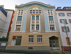 Colorful and beautiful buildings on the street in Darmstadt,Hesse, Germany, under the blue sky